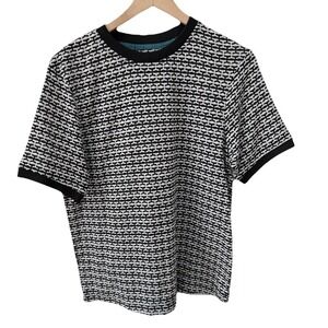 Ike Behar Knit Top Size S Black White Geometric Short Sleeve Crew Neck 9711807